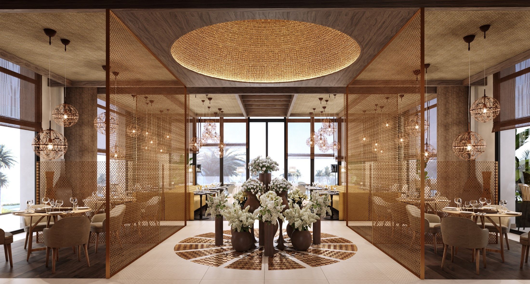 Arabic restaurant in a hotel in Oman with warm lighting, patterned screens, natural textures, and an elegant dining atmosphere.