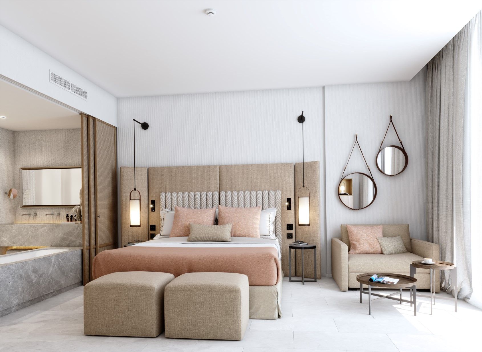 Hotel room in Oman with soft neutral tones, elegant furnishings, and a serene luxury atmosphere.