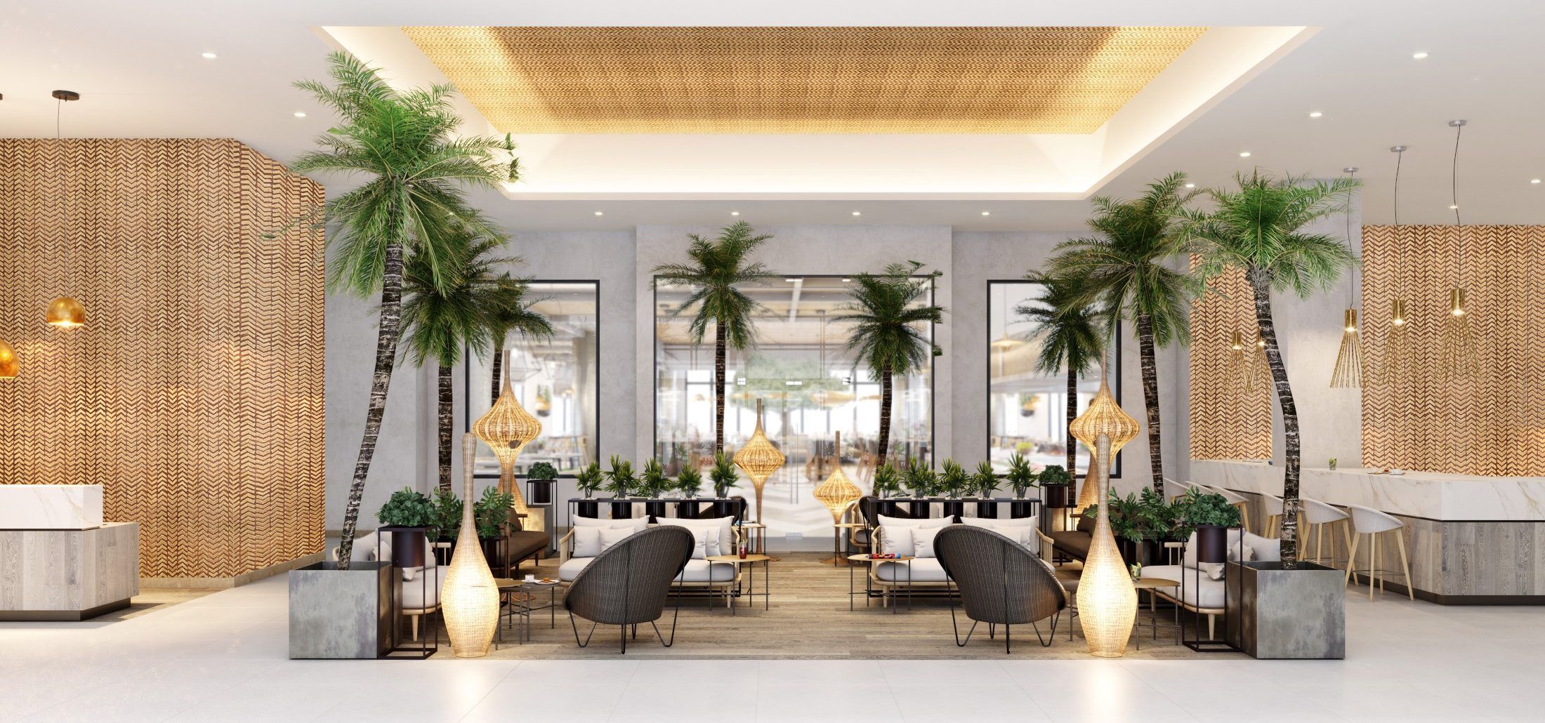 contemporary hotel lobby design with lounge seating, palm trees and ambient lighting