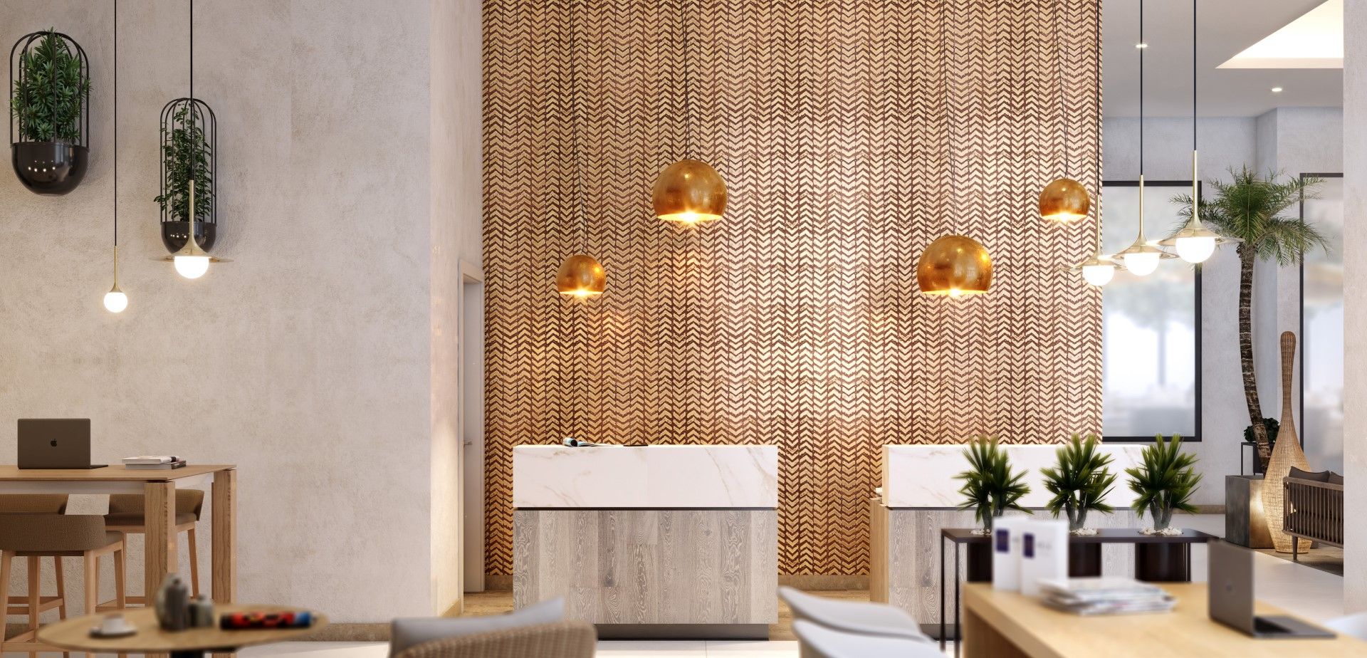 hotel reception interior design with geometric wall pattern and warm lighting