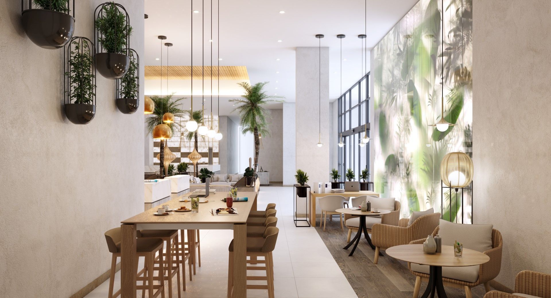 hotel reception interior design with geometric wall pattern and warm lighting