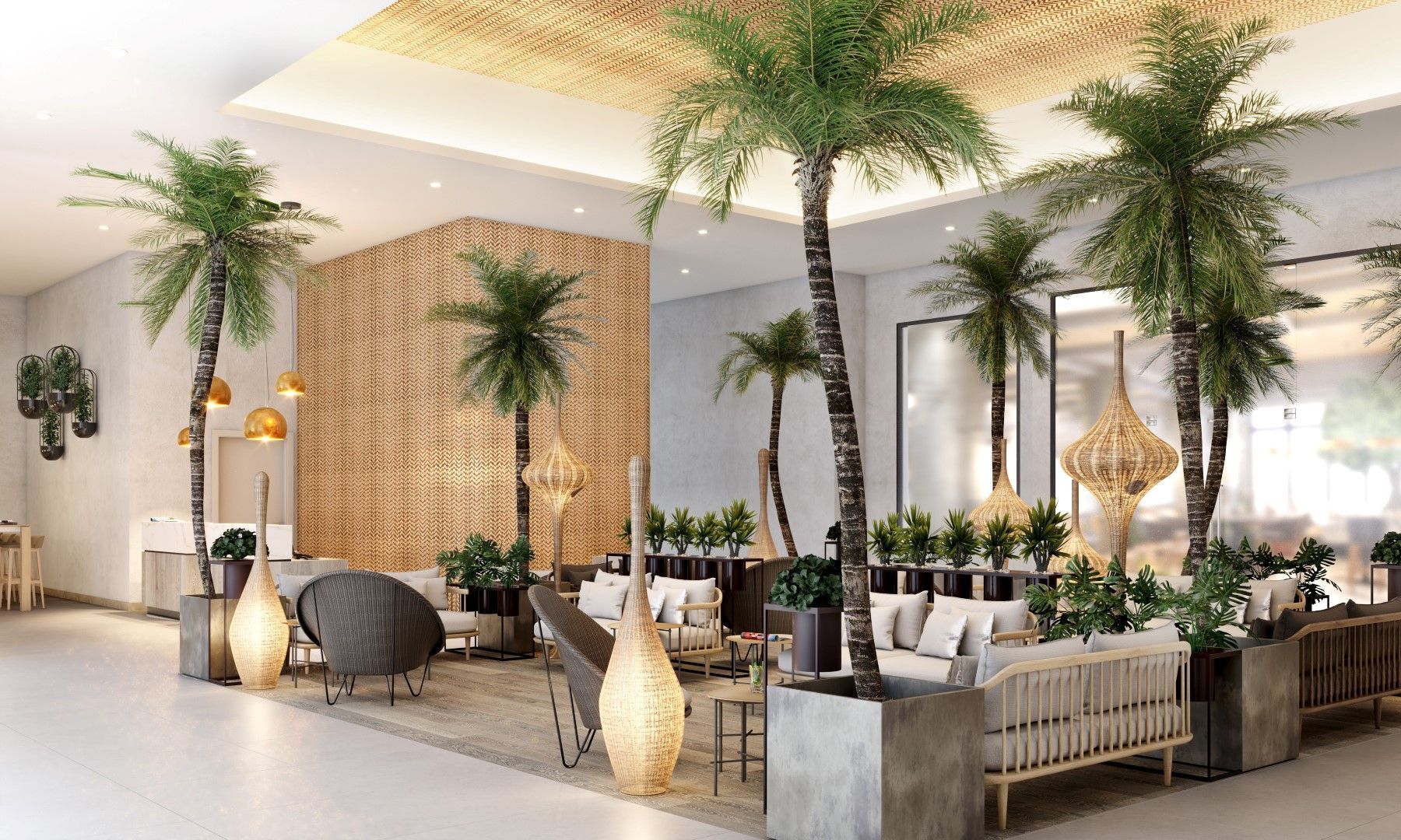 contemporary hotel lobby design with lounge seating, palm trees and ambient lighting