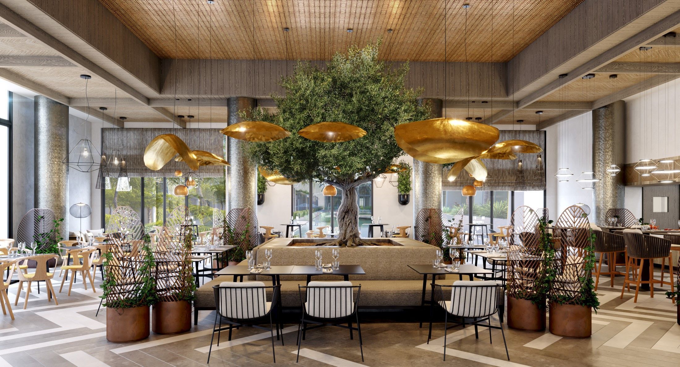 Mediterranean restaurant in a hotel in Oman with a central olive tree, warm lighting, natural textures, and an elegant dining atmosphere.