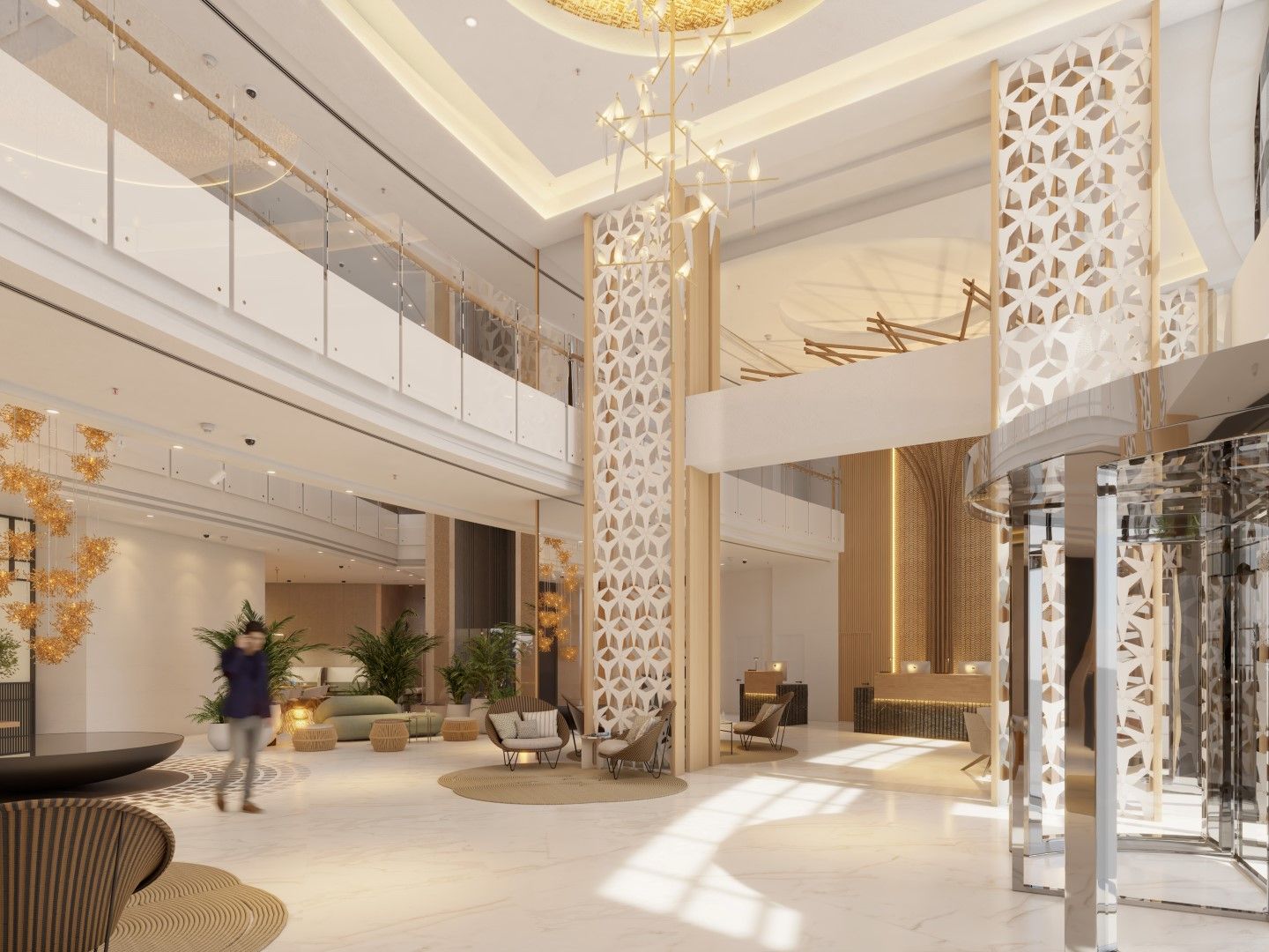 Hotel in Al Ahsa with a serene luxury lobby, soft lighting, elegant architectural details, and refined interior finishes.