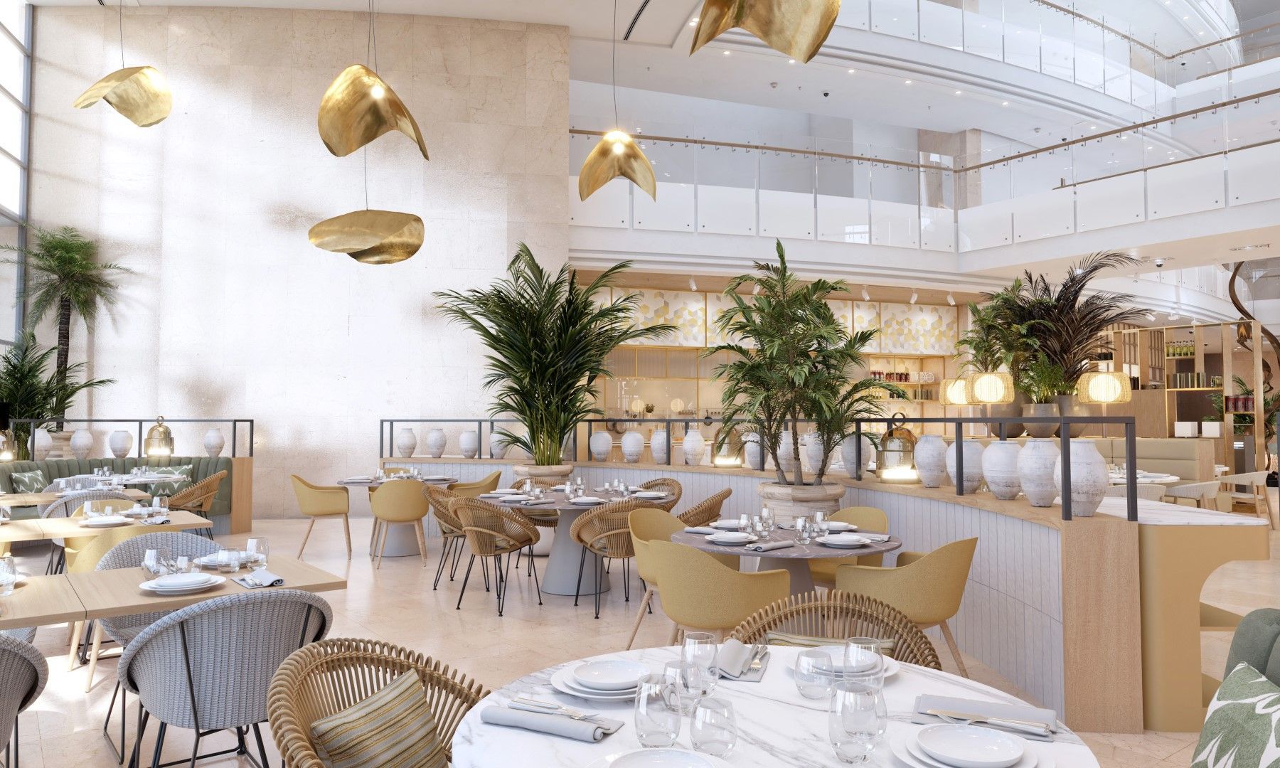 Hotel buffet restaurant in Al Ahsa with soft lighting, indoor greenery, and a serene luxury atmosphere.